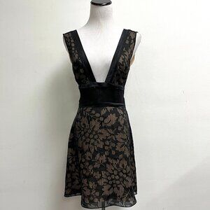 Gharani Strok black mini dress low cut M 6 sleeveless nude floral silk